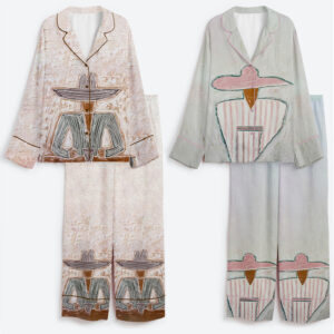 Women's Western Cowboy Abstract Man And Woman Art Modern Abstract Couple Portrait Art Long Sleeve Satin Pajama Set