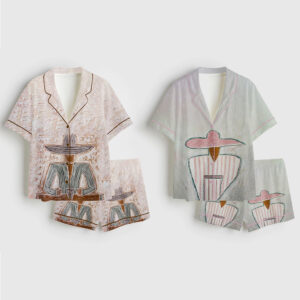 Women's Western Cowboy Abstract Man And Woman Art Modern Abstract Couple Portrait Art Short Sleeve Satin Pajama Set