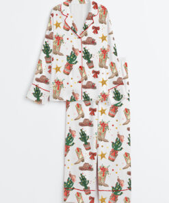 Women's Western Cowboy Boots Hat Cactus Christmas Long Sleeve Satin Pajama Set