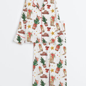 Womenâ€™s Western Cowboy Boots Hat Cactus Christmas Long Sleeve Satin Pajama Set