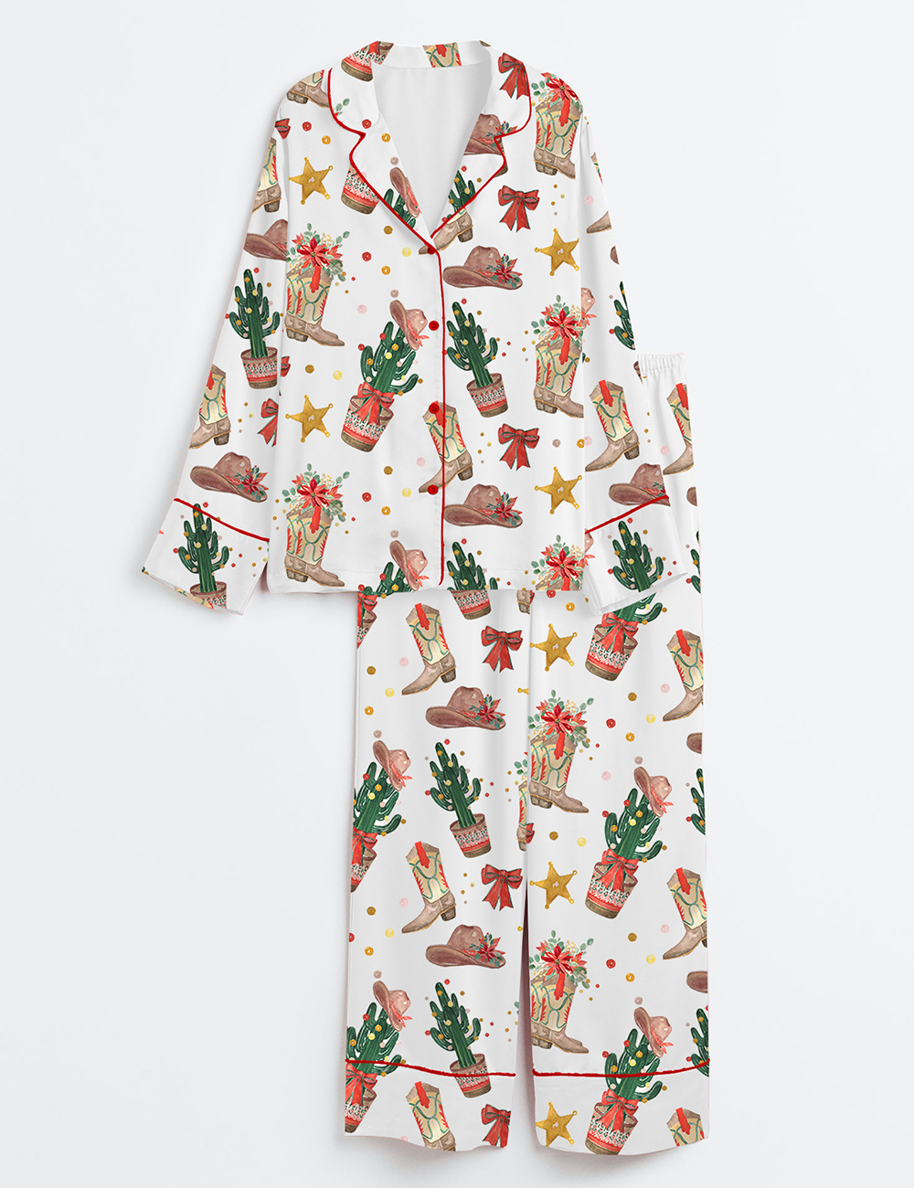 Women's Western Cowboy Boots Hat Cactus Christmas Long Sleeve Satin Pajamas Set