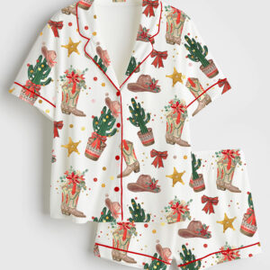 Women's Western Cowboy Boots Hat Cactus Christmas Short Sleeve Satin Pajama Set