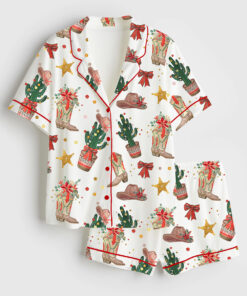 Women's Western Cowboy Boots Hat Cactus Christmas Short Sleeve Satin Pajama Set