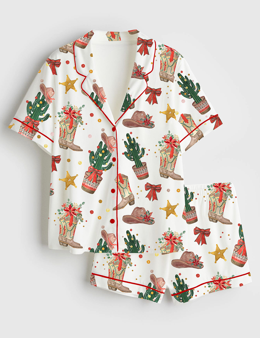 Women's Western Cowboy Boots Hat Cactus Christmas Short Sleeve Satin Pajama Set