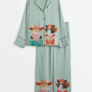 Womenâ€™s Western Cowboy Cats Cat Couple Long Sleeve Satin Pajama Set