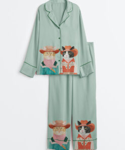 Women's Western Cowboy Cats Cat Couple Long Sleeve Satin Pajamas Set
