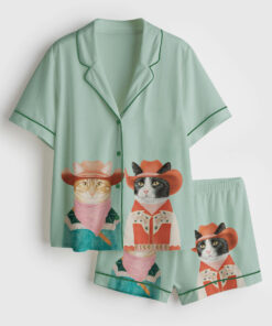 Women's Western Cowboy Cats Cat Couple Short Sleeve Satin Pajama Set