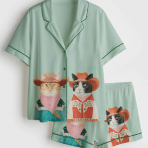 Womenâ€™s Western Cowboy Cats Cat Couple Short Sleeve Satin Pajama Set