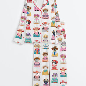 Women's Western Cowboy Cats Cat Lovers Long Sleeve Satin Pajama Set