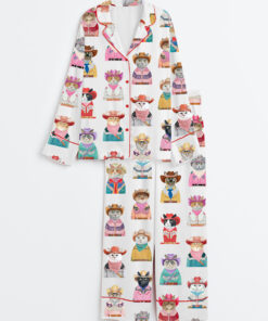 Women's Western Cowboy Cats Cat Lovers Long Sleeve Satin Pajamas Set