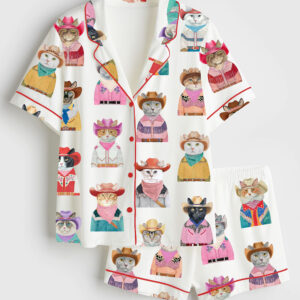 Women's Western Cowboy Cats Cat Lovers Short Sleeve Satin Pajama Set