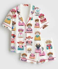 Women's Western Cowboy Cats Cat Lovers Short Sleeve Satin Pajama Set