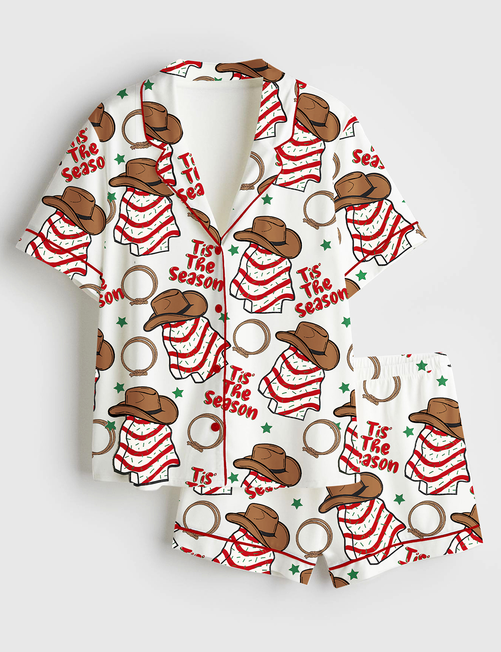 Womenâ€™s Western Cowboy Christmas Cake Short Sleeve Satin Pajama Set