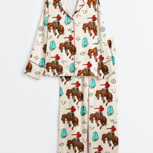 Women's Western Cowboy Cowgirl Horse Riding Long Sleeve Satin Pajama Set