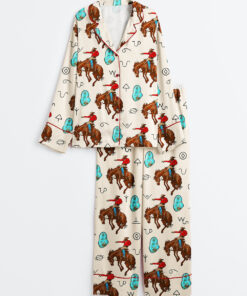 Women's Western Cowboy Cowgirl Horse Riding Long Sleeve Satin Pajama Set