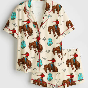Women's Western Cowboy Cowgirl Horse Riding Short Sleeve Satin Pajama Set
