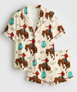 Women's Western Cowboy Cowgirl Horse Riding Short Sleeve Satin Pajama Set