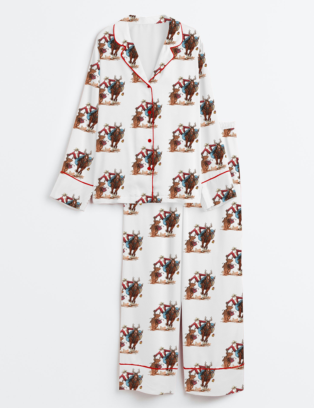 Womenâ€™s Western Cowboy Santa Christmas Rodeo Horse And Reindeer Long Sleeve Satin Pajama Set