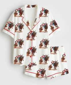Women's Western Cowboy Santa Christmas Rodeo Horse And Reindeer Short Sleeve Satin Pajama Set