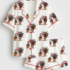 Womenâ€™s Western Cowboy Santa Christmas Rodeo Horse And Reindeer Short Sleeve Satin Pajama Set