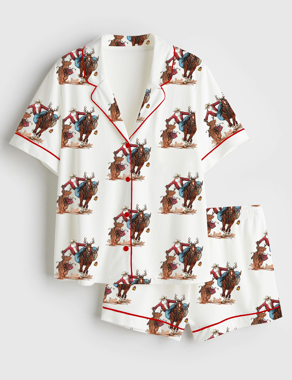 Womenâ€™s Western Cowboy Santa Christmas Rodeo Horse And Reindeer Short Sleeve Satin Pajama Set