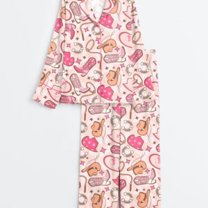 Women's Western Cowboys Pink Long Sleeve Satin Pajama Set