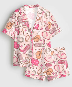 Women's Western Cowboys Pink Short Sleeve Satin Pajama Set