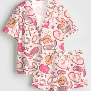 Women's Western Cowboys Pink Short Sleeve Satin Pajama Set
