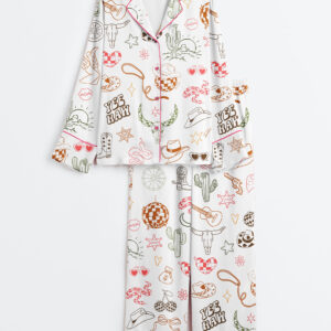 Women's Western Cowgirl Bachelorette Hand-Drawn Wild West Disco Print Long Sleeve Satin Pajama Set