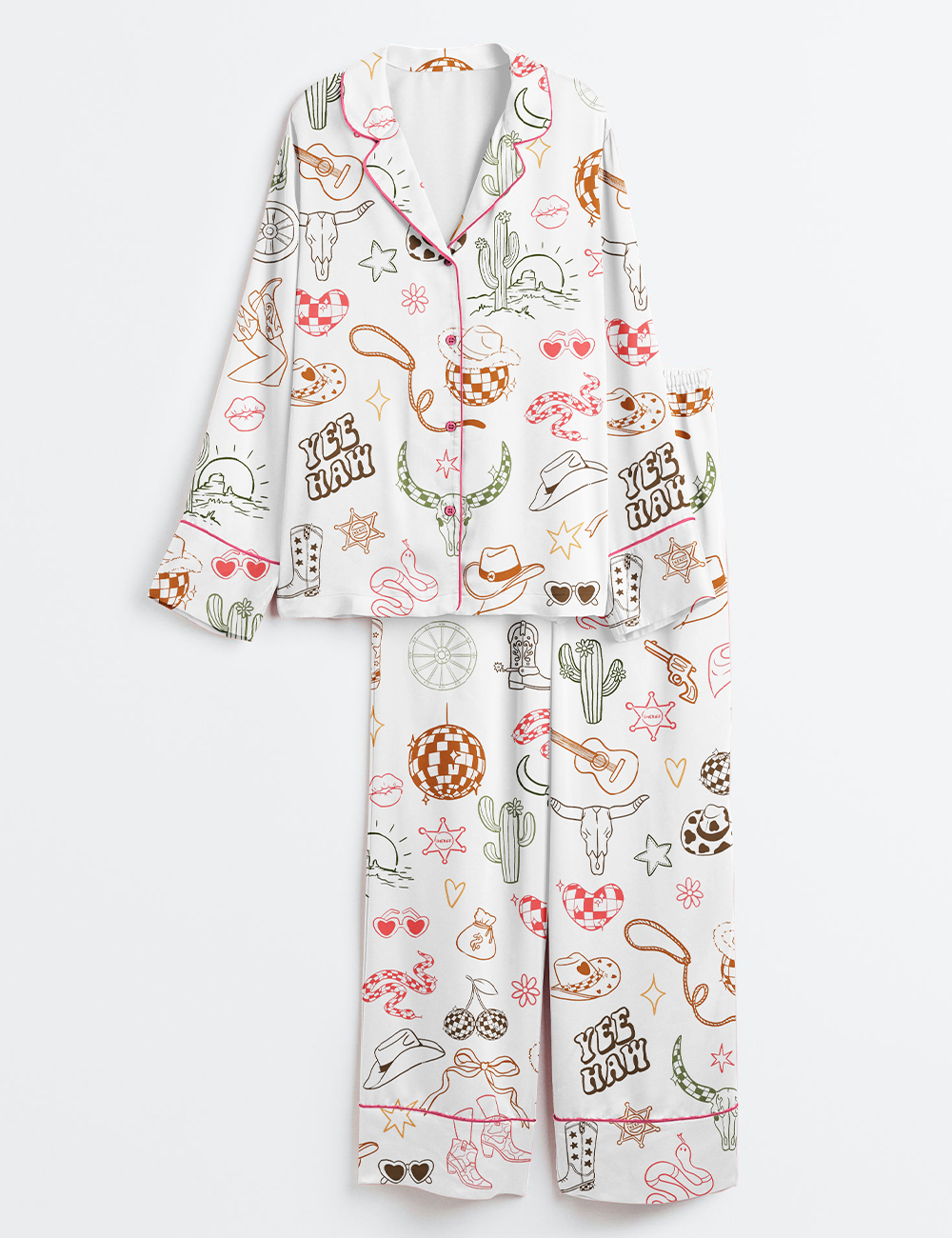 Women's Western Cowgirl Bachelorette Hand-Drawn Wild West Disco Print Long Sleeve Satin Pajama Set