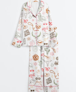 Women's Western Cowgirl Bachelorette Hand-Drawn Wild West Disco Print Long Sleeve Satin Pajamas Set