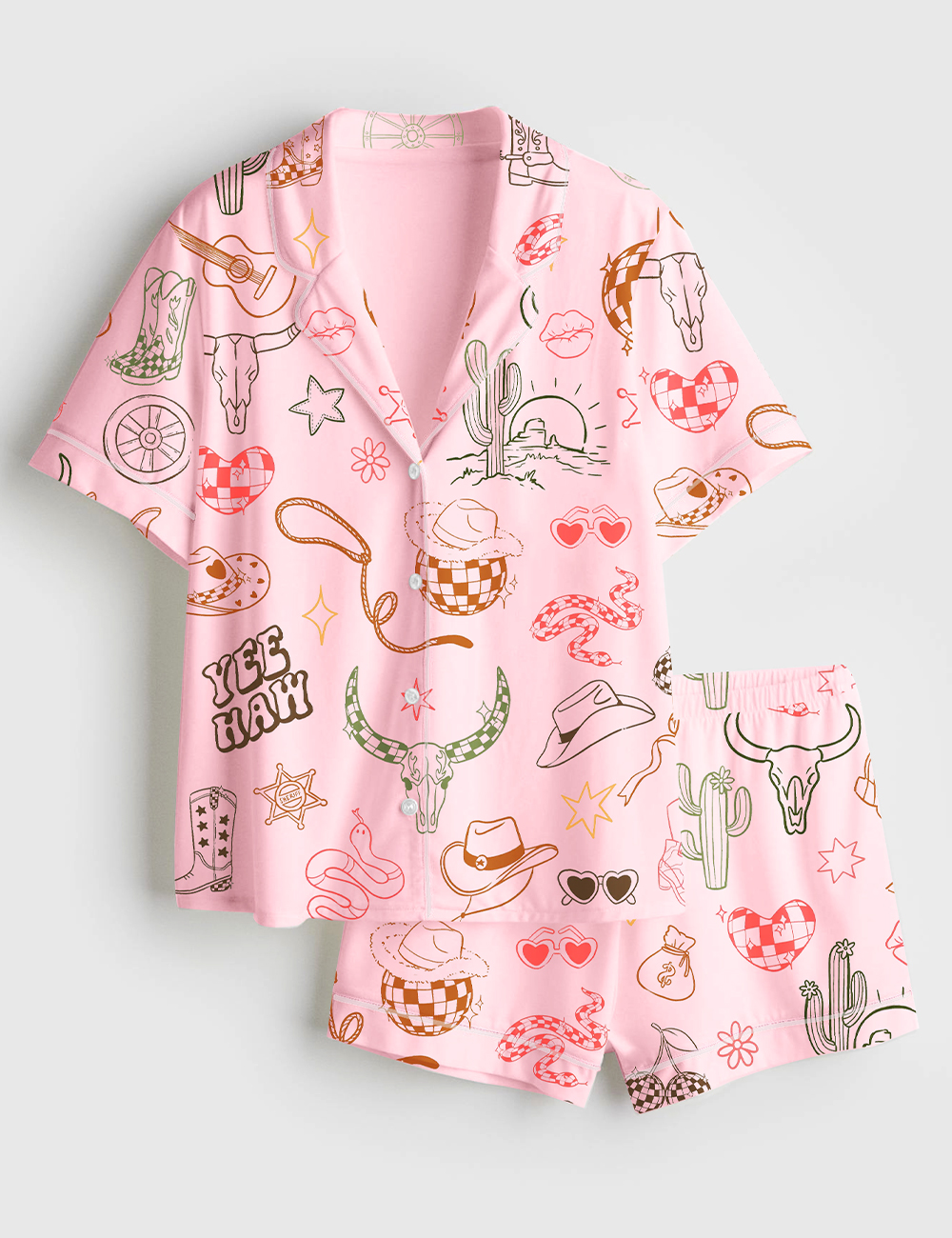 Womenâ€™s Western Cowgirl Bachelorette Hand-Drawn Wild West Disco Print Short Sleeve Satin Pajama Set