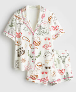 Women's Western Cowgirl Bachelorette Hand-Drawn Wild West Disco Print Short Sleeve Satin Pajamas Set