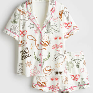 Women's Western Cowgirl Bachelorette Hand-Drawn Wild West Disco Print Short Sleeve Satin Pajamas Set