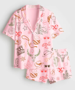 Women's Western Cowgirl Bachelorette Hand-Drawn Wild West Disco Print Short Sleeve Satin Pajamas Set