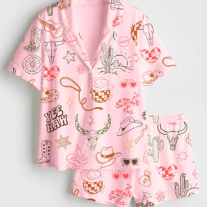 Women's Western Cowgirl Bachelorette Hand-Drawn Wild West Disco Print Short Sleeve Satin Pajamas Set