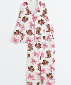 Women's Western Cowgirl Boot Long Sleeve Satin Pajama Set