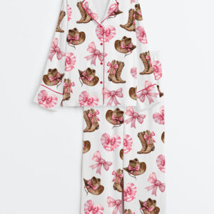 Women's Western Cowgirl Boot Long Sleeve Satin Pajama Set