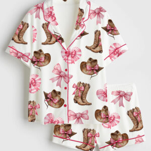Women's Western Cowgirl Boot Short Sleeve Satin Pajama Set