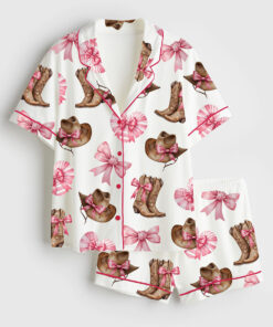 Women's Western Cowgirl Boot Short Sleeve Satin Pajama Set