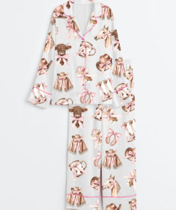 Women's Western Cowgirl Highland Cow  Long Sleeve Satin Pajama Set