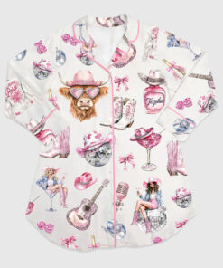 Women's Western Cowgirl Highland Cow Long Sleeve Satin Sleep Shirt