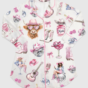 Womenâ€™s Western Cowgirl Highland Cow Long Sleeve Satin Sleep Shirt