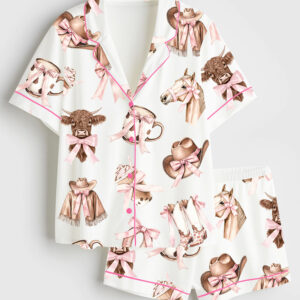 Women's Western Cowgirl Highland Cow Short Sleeve Satin Pajama Set