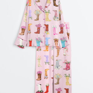 Women's Western Flower Boots Long Sleeve Satin Pajama Set