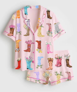 Women's Western Flower Boots Short Sleeve Satin Pajama Set