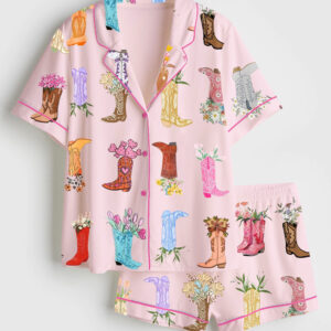 Women's Western Flower Boots Short Sleeve Satin Pajama Set