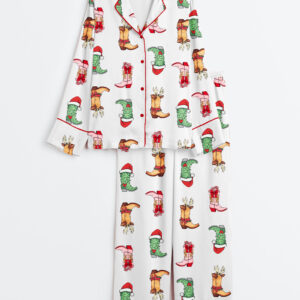 Women's Western Grinch Cowgirl Boots Christmas Long Sleeve Satin Pajama Set