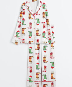 Women's Western Grinch Cowgirl Boots Christmas Long Sleeve Satin Pajama Set