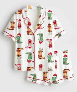 Women's Western Grinch Cowgirl Boots Christmas Short Sleeve Satin Pajama Set